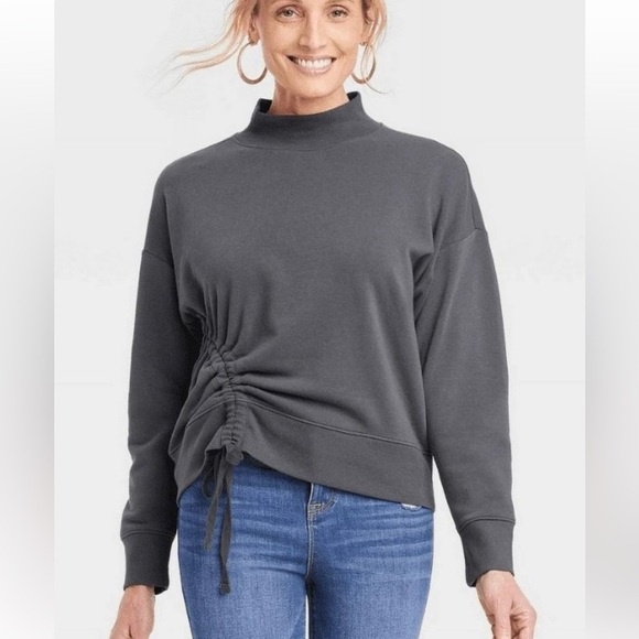 Knox Rose Ruched Side Tie Mock Neck Sweatshirt Womens medium dark Gray - Picture 2 of 5